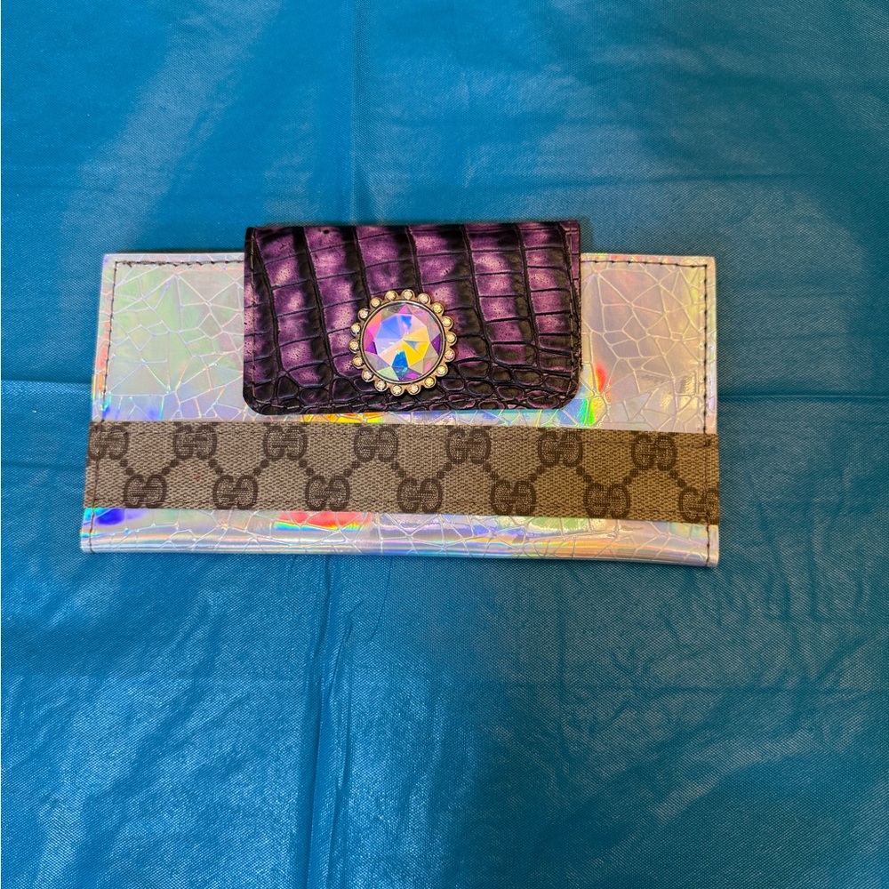 Iridescent Clutch Wallet with Purple Croc Flap & GG logo